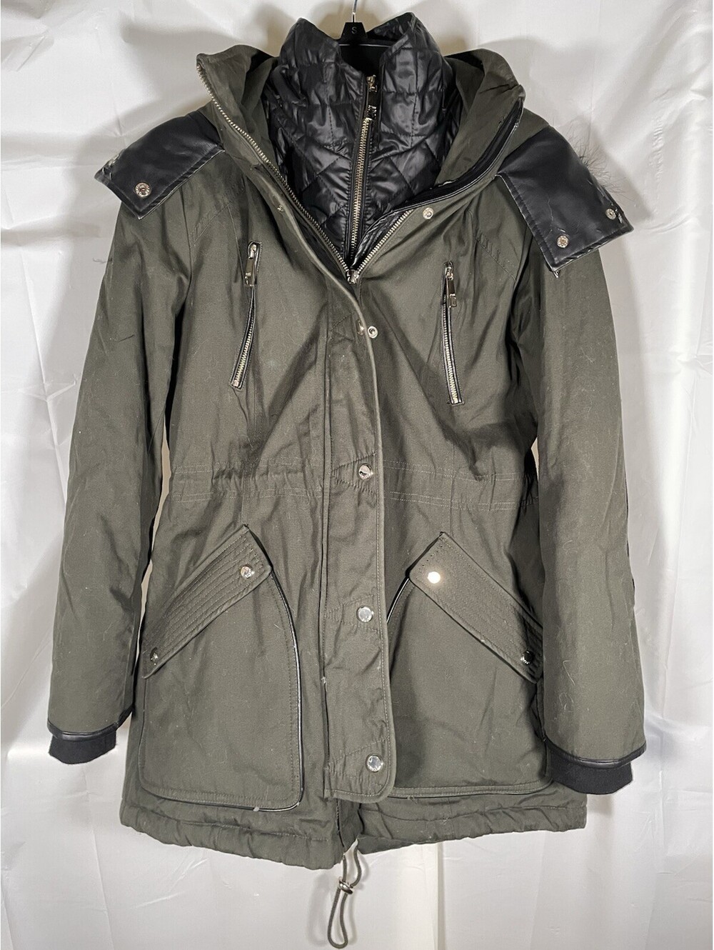 GUESS Women's Mixed Media Winter Parka Jacket Olive Green Hooded Coat Size Small